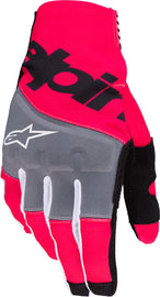 Alpine Star Techstar gloves in black and pink fluo, large size, showing the textured palm and sporty design for motorcycle riding.