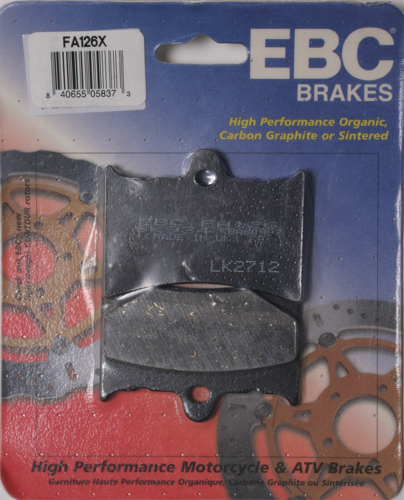 EBC Motorcycle Brakes Brake Pads 15-126X set showing black brake pad material with metal backing plates for motorcycle braking system.