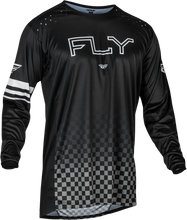 Load image into Gallery viewer, Fly Racing Rayce bicycle jersey in black, featuring a sleek design with subtle branding details and lightweight fabric.