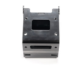 Warn winch mount bracket for off-road vehicles, showing the sturdy black metal construction with mounting holes and attachment points.