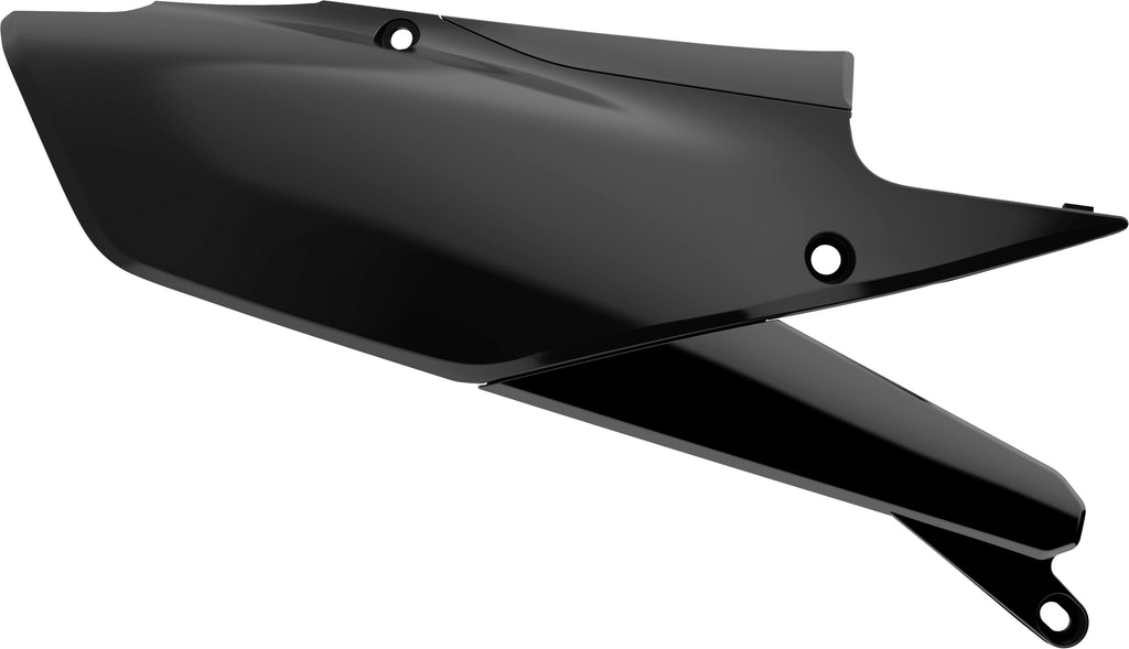 Black Polisport Plastics side panels for body, model 64-53507, shown on a motorcycle with detailed close-up of the plastic panels.
