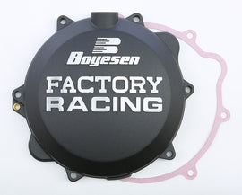 Boyesen Factory Racing clutch cover in black with product code 59-7243AB, featuring a sleek design for motorcycle performance.