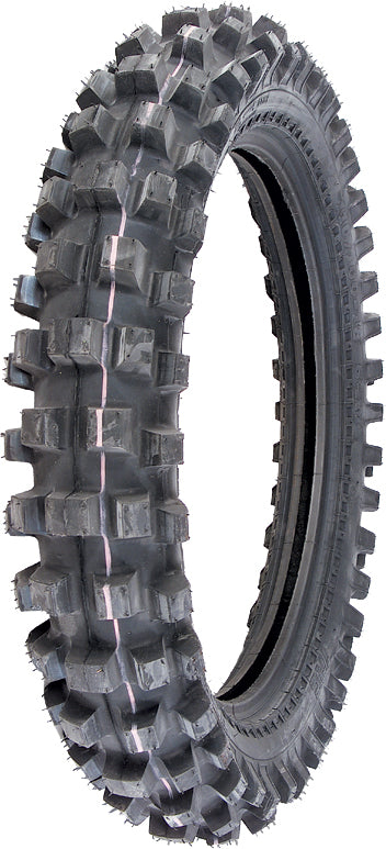 IRC Tire Ve-37 rear motorcycle tire, 110/100-18 bias tire with tread pattern, mounted on wheel for off-road or motocross use.