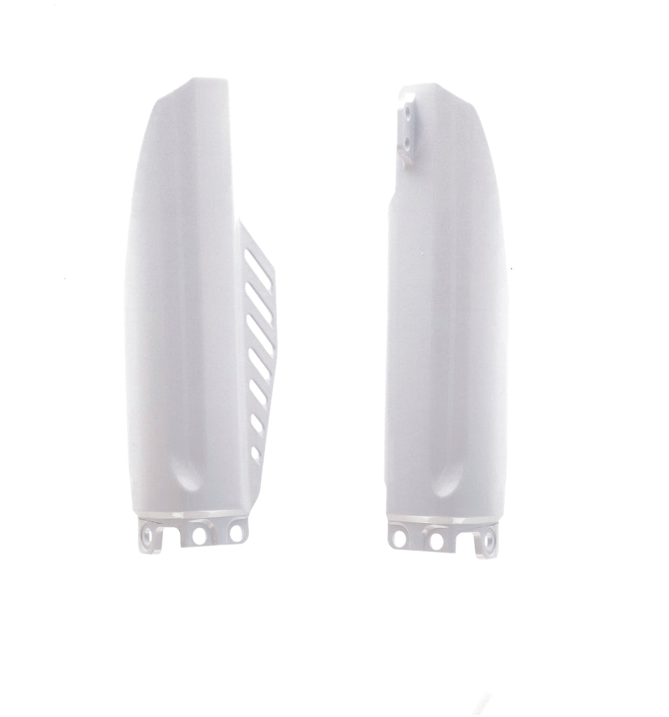 Acerbis white lower fork cover set for motorcycle front forks, body protective covers, shown on a motorcycle suspension.