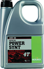 Load image into Gallery viewer, Motorex Power Synthetic Oil 10W50 4L bottle, motor oil for 4-stroke engines, shown in a clear plastic container with label.