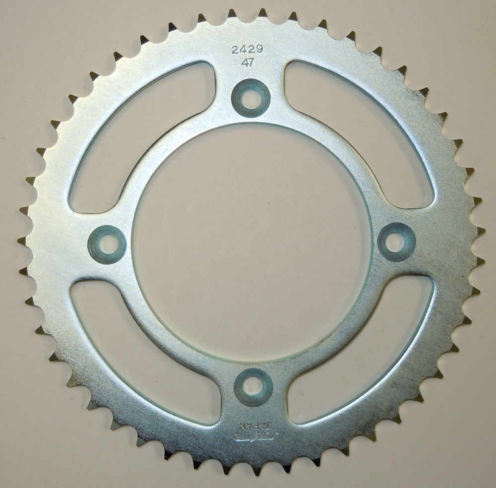 Sunstar steel rear sprocket, 49-tooth, off-road bike part, designed for Suzuki and Yamaha motorcycles, with visible gear teeth and metal finish.