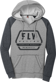 Fly Racing women's Fly Track Hoodie in grey heather and charcoal, shown in large size with a casual fit and soft fabric.