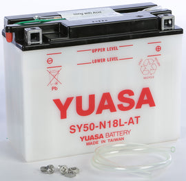 Yuasa Sy50-N18l-At conventional 49-1912 battery with black casing and terminals for automotive use