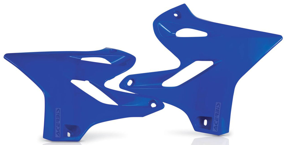 Acerbis radiator shrouds in blue and black for motorcycle, featuring sleek design and vent openings for cooling and style.