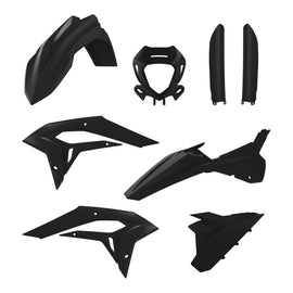 Black Polisport Plastics full plastic body kit for motorcycles, shown in the image with detailed panels and sleek design.