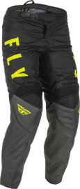 Fly Racing F-16 motorcycle pants in grey, black, and hi-vis colors, size 28, showing durable fabric and protective features.