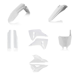Acerbis full HON White plastic body kit for motorcycle, showing assembled white plastic panels and fitment details.