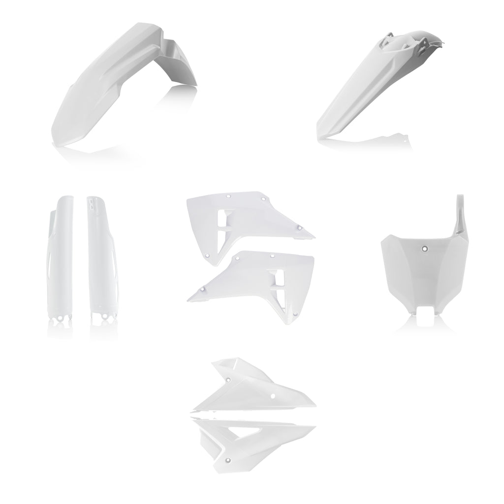 Acerbis full white plastic body kit for motorcycle, featuring sleek, durable panels designed for easy installation.