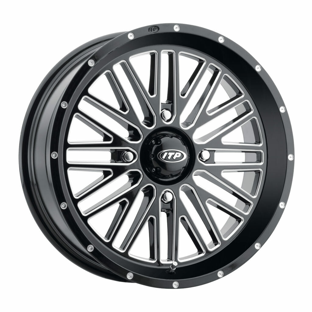 ITP Momentum black 14x7 wheel with 4/156 bolt pattern, 5+2 offset, +30mm, shown in close-up view