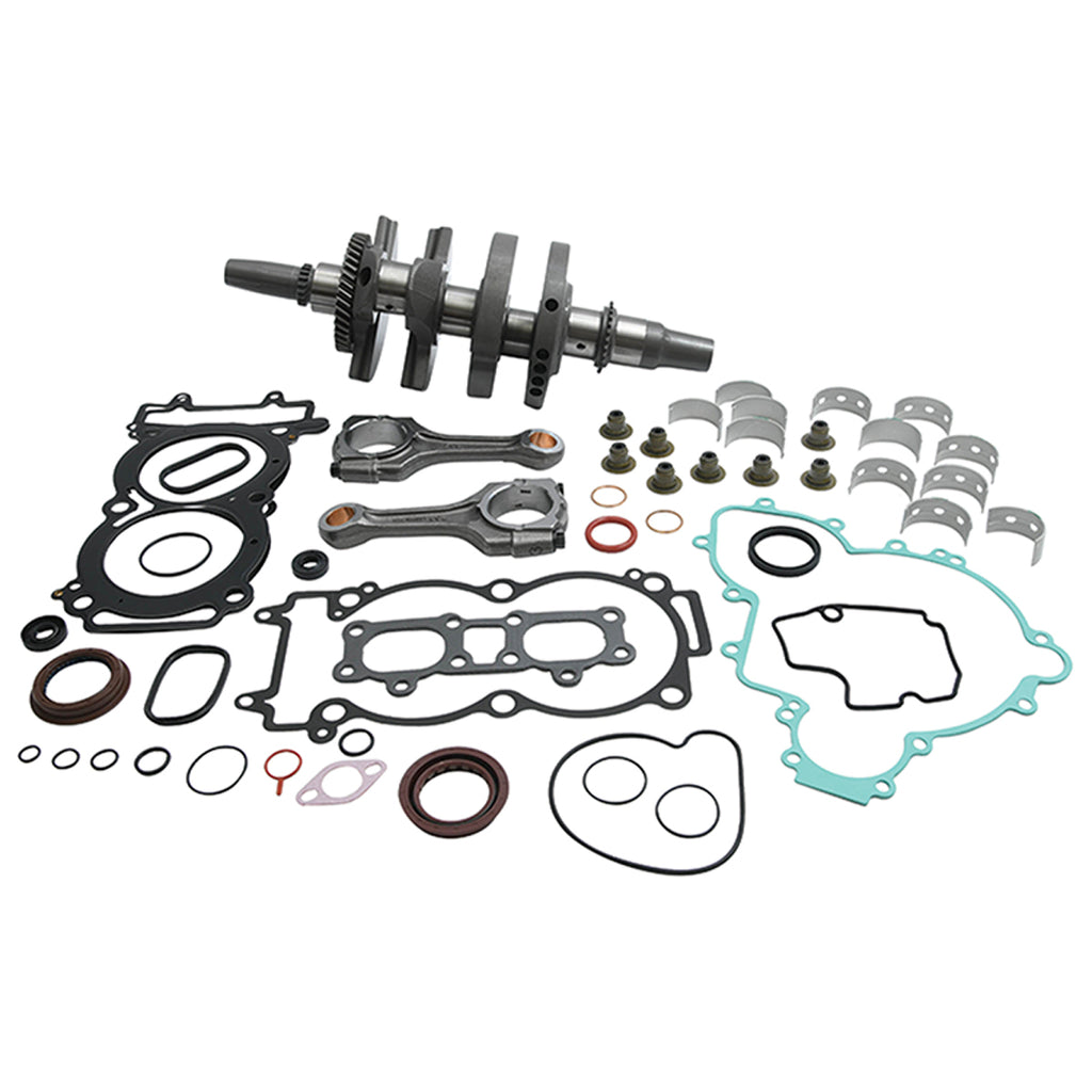 Hot Rods Bottom End Kit Pol 421-HR0110 engine components with pistons, crankshaft, and connecting rods arranged on a work surface.