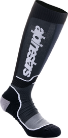 Alpine Star Youth MX Plus Socks in black and white, size medium-large, featuring breathable fabric and padded design for motocross riding.