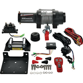 All Balls 3500lb wire winch with metal drum and handle, designed for towing and recovery applications.