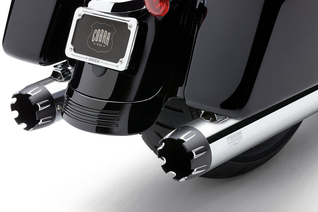 COBRA 4-inch dual cut tip slip-on chrome exhaust for Harley FLH/FLT 1995-2016 motorcycle, shiny chrome finish with dual outlets.