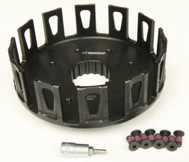 Wiseco clutch basket for Kawasaki and Suzuki motorcycles, showing the metal clutch basket with detailed teeth and mounting points.