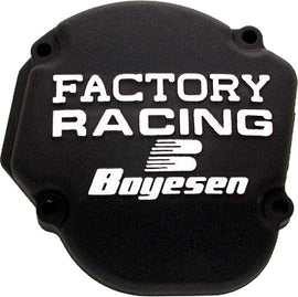 Boyesen Factory Racing Ignition Cover in black, designed for motorcycle engines, featuring the Boyesen brand logo and sleek finish.