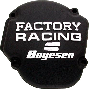 Boyesen Factory Racing Ignition Cover in black, designed for motorcycle engines, featuring a sleek, durable finish and precise fit.
