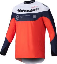 Alpine Star Pro-Dura jersey in navy, hot orange, and white, shown in size large with a lightweight, breathable fabric design.