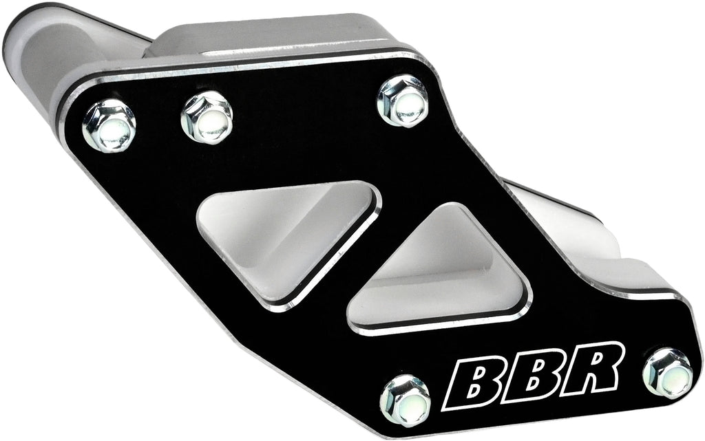 BBR Chain Guide for KLX110 drive system, black metal component with mounting points, designed to protect the chain during riding.