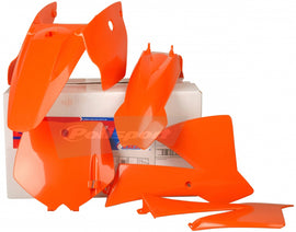 Polisport Plastics orange plastic body kit for motorcycle, includes front and side panels with detailed design.