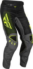 Fly Racing Kinetic Jet Pants in black, olive green, and hi-vis with size 32, featuring durable motocross gear details.