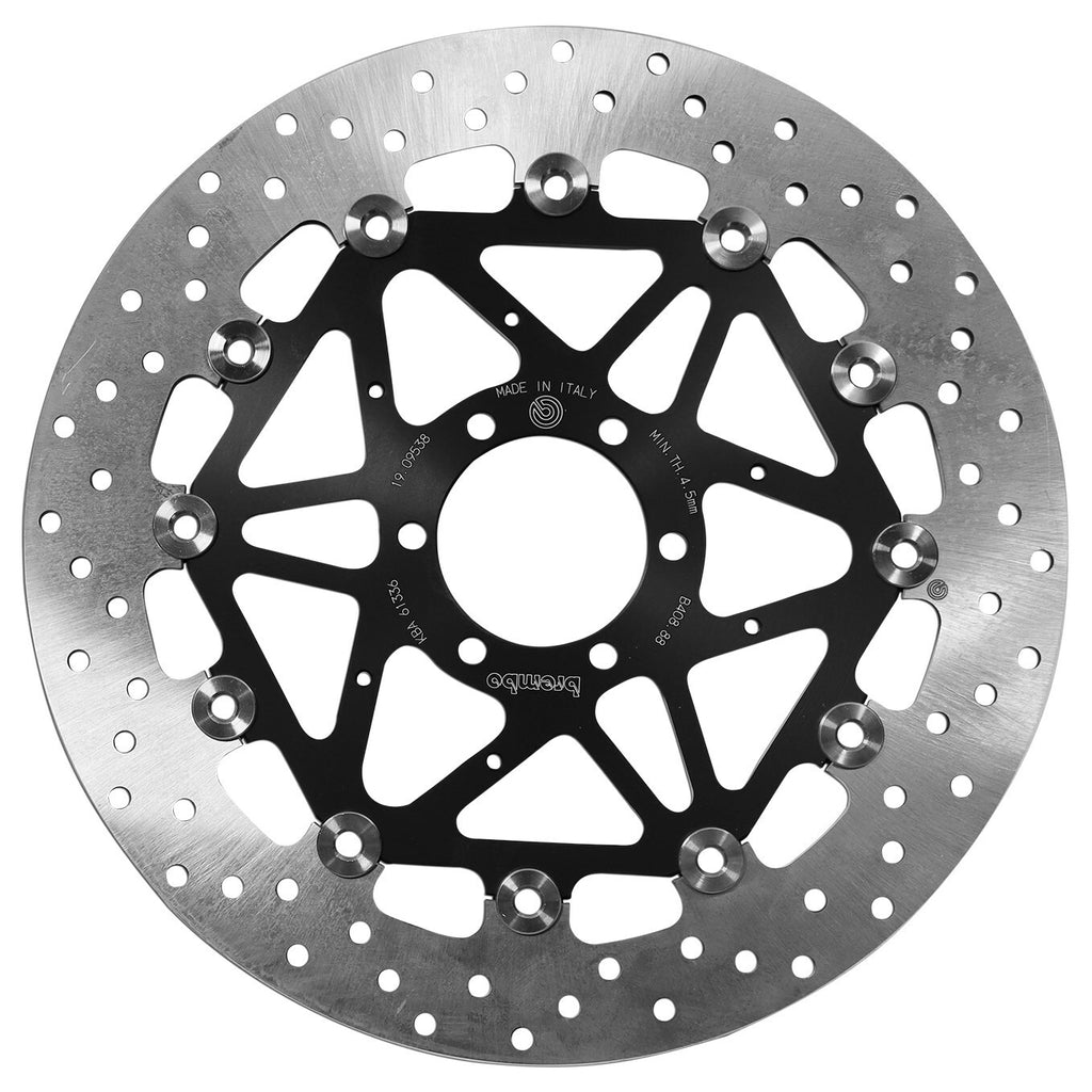 Brembo Serie Oro front floating brake rotor with drilled ventilated design and metallic finish, for high-performance braking.