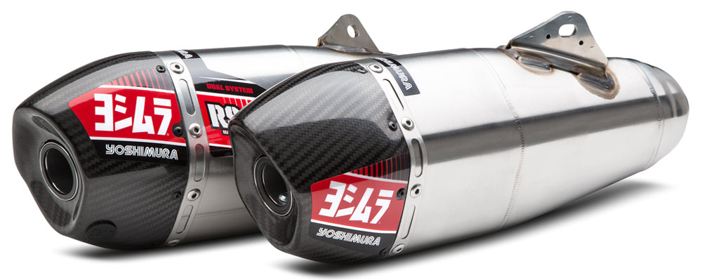Yoshimura RS-9 dual slip-on motorcycle exhaust with stainless steel, aluminum, and carbon fiber end caps, shown on the bike.
