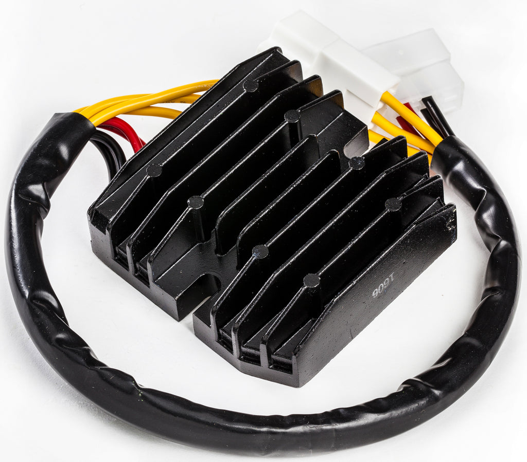 Ricks Motorsport Electric regulator and rectifier for motorcycle electrical systems, with visible wiring and metal mounting points.