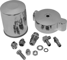 HardDrive Chrome Spin-On Oil Filter Kit 820-0711, showing a shiny chrome oil filter with attached hoses and mounting hardware.