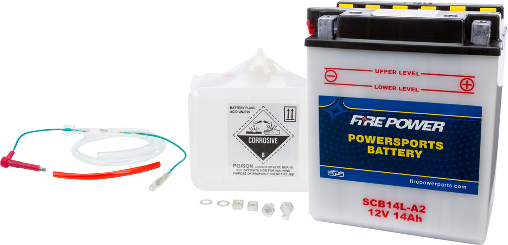 Fire Power 12V heavy-duty car battery with acid, model SCB14L-A2, featuring robust construction and durable design.