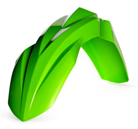 Acerbis green front fender for motorcycle, shown on a white background with mounting points and sleek curved design.