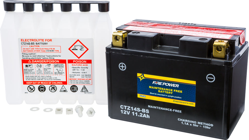 Fire Power Ctz14s-Bs maintenance-free battery for vehicles, showing the compact, durable design with battery terminals visible.