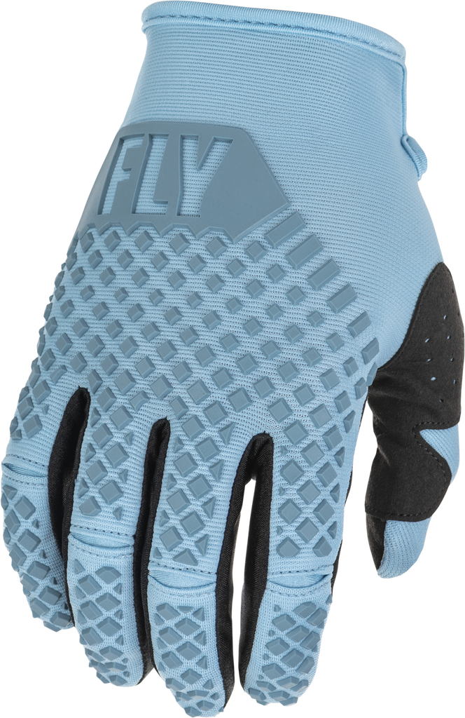 Fly Racing Kinetic Gloves in light blue, medium size, showing the breathable fabric and secure wrist closure.