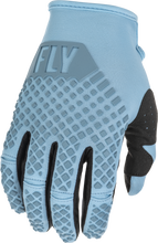 Load image into Gallery viewer, Fly Racing Kinetic Gloves in light blue, medium size, showing the breathable fabric and secure wrist closure.