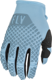Fly Racing Kinetic Gloves in light blue, medium size, showing the breathable fabric and secure wrist closure.
