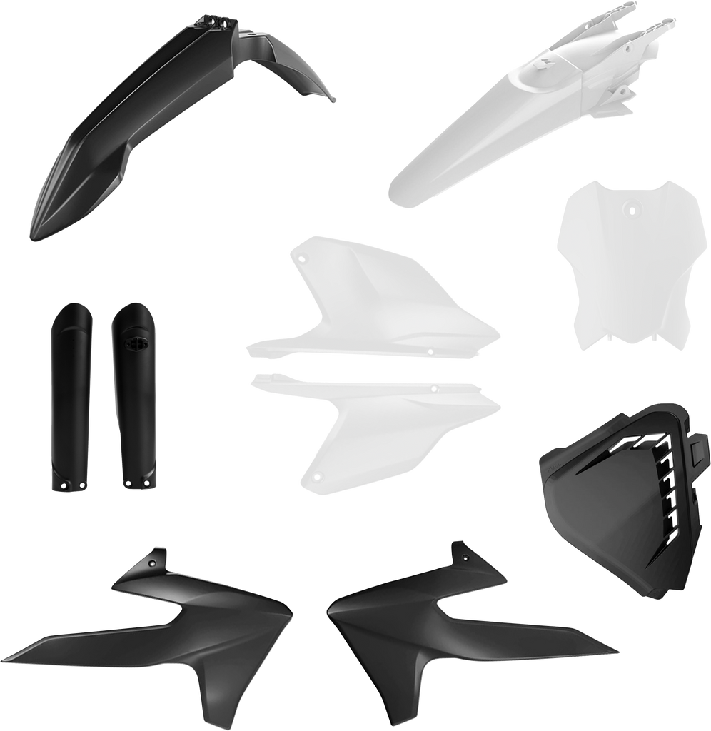 Acerbis full plastic body kit with tri original design, shown on a motorcycle, featuring black and white components.