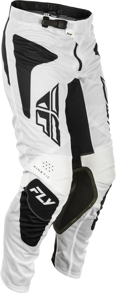 Fly Racing Kinetic Mesh Sym Pants in white and black, size 28, featuring lightweight mesh construction and a secure fit.