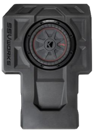 SSV Works 10-inch subwoofer from Kicker 63-9549, showcasing its black speaker cone and rugged enclosure for audio enhancement.