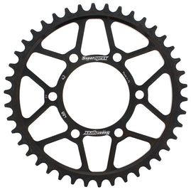 Supersprox steel rear sprocket with 42-tooth for Kawasaki street motorcycle, black finish, 530 chain compatibility.