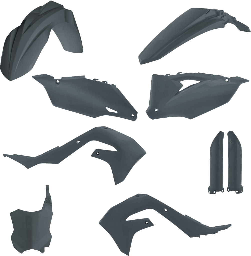 Acerbis full plastic body kit in Kaw Grey Metallic with various panels and parts for motorcycle repair or customization.
