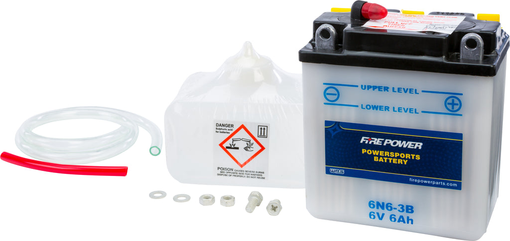 Fire Power 6V 6N6-3B battery with acid, showing the battery's top view with terminals and branding.