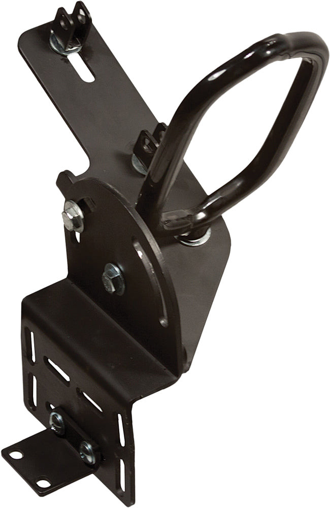 Kolpin universal gun boot and saw boot bracket, black metal mount with secure straps for outdoor equipment storage.