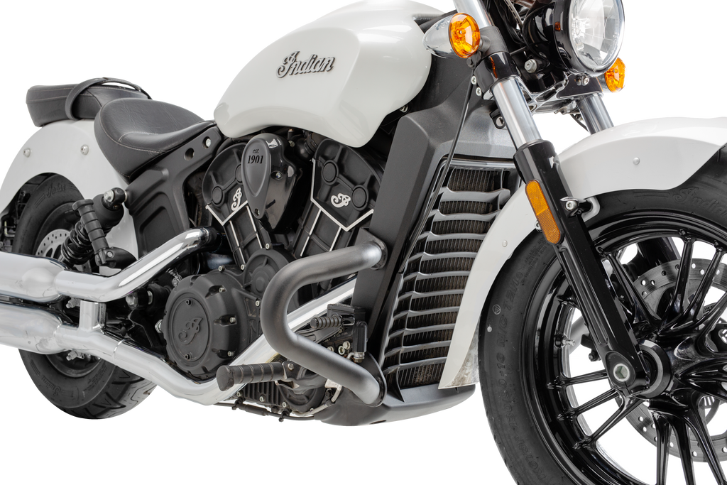 PUIG black engine guards mustache for Scout motorcycles, 2015-2025, installed on the body of the bike, durable and stylish protection.
