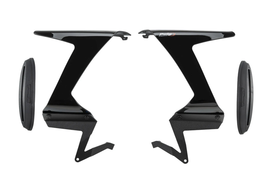 Black PUIG Race Side Spoilers for Kawasaki motorcycle, body kit accents with aerodynamic design, shown installed on bike.