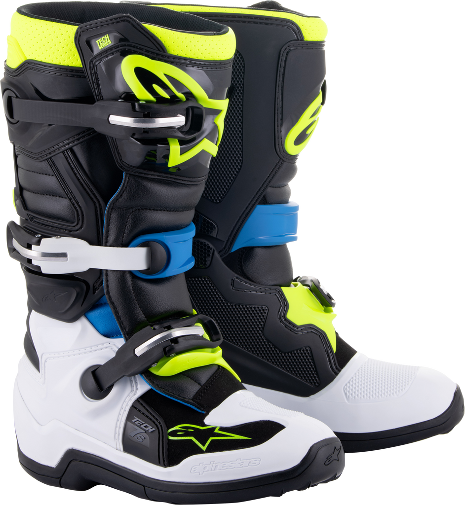 Alpine Star Tech 7s motocross boots in black, enamel blue, and fluorescent yellow, size 4, with sturdy design and ankle protection.