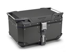 GIVI Outback Evo 58L black luggage case mounted on motorcycle, durable GIVI Outback Evo case with secure latches
